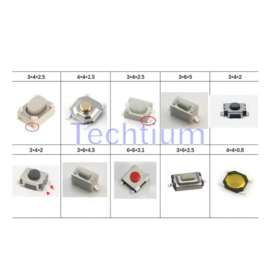 key button 10 type,25pcs each,total 250pcs (3*4*2.5mm, 4*4*1.5mm 3*4*2.5mm 3*6*5mm 3*4*2mm 3*4*2mm 3*6*4.3mm 6*6*3.1mm 3*6*2.5mm 4*4*0.8mm)