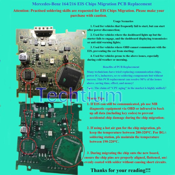 Mercedes-Benz 164/216 EIS Chips Migration PCB Replacement Attention: Practised soldering skills are requested for EIS Chips Migration. Please make you purchase with caution