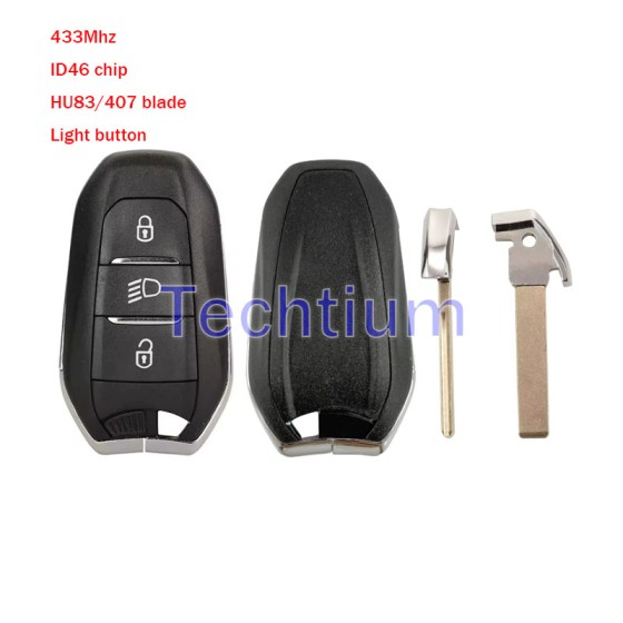 433Mhz ID46 chip HU83/407 blade Light button 3 button remote key for Citroen,Peugeot,DS